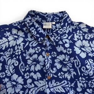 Hary Dary Mens Blue Tropical Hibiscus Batik Rayon Aloha Shirt Large Short Sleeve